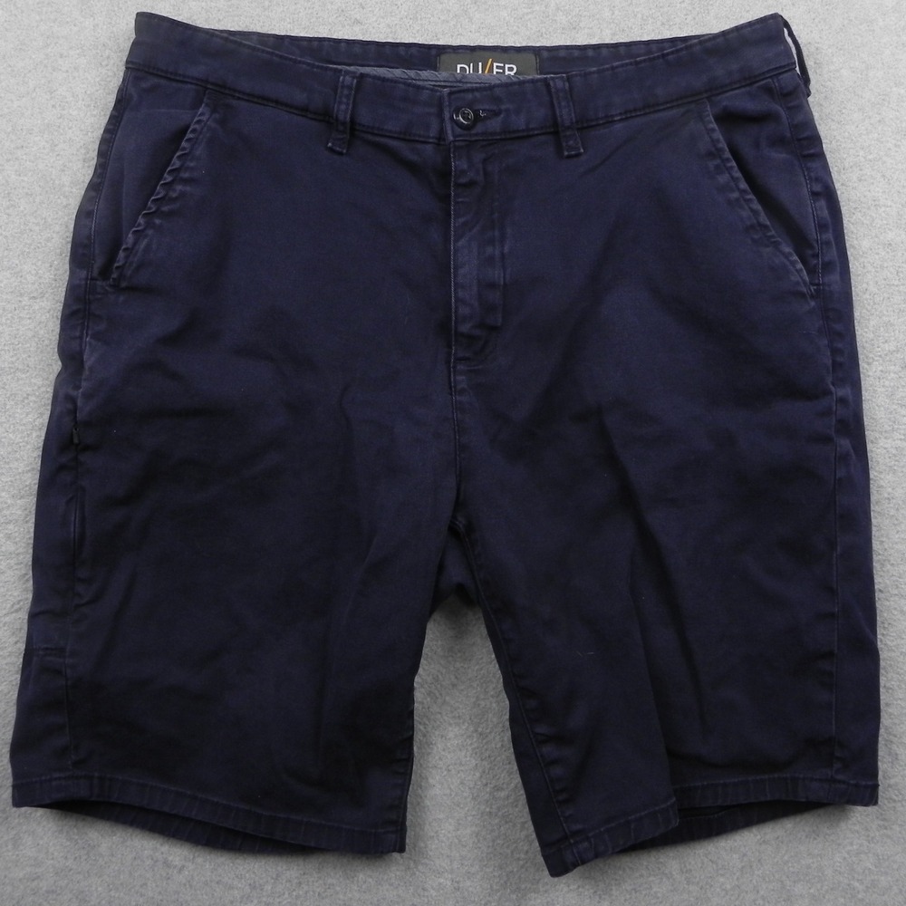 DU/ER Performance Chino Shorts Mens 34 Navy Blue Stretch Cotton Tencel Casual